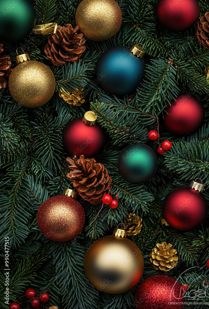 Festive Christmas Ornaments on Evergreen Branches with Pine Cones Festive Christmas Ornaments on Evergreen Branches with Pine Cones