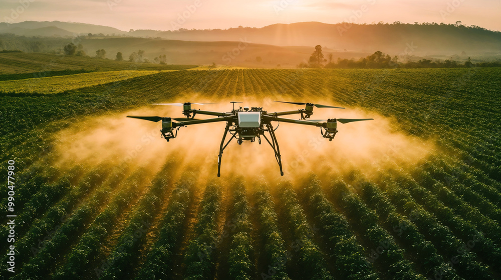 A drone is flying over a field of crops. The drone is spraying the crops with a chemical A drone is flying over a field of crops. The drone is spraying the crops with a chemical