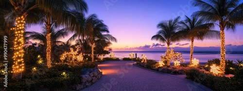 Tropical Island Outdoor Beautiful Location at Dusk with Christmas Decorations