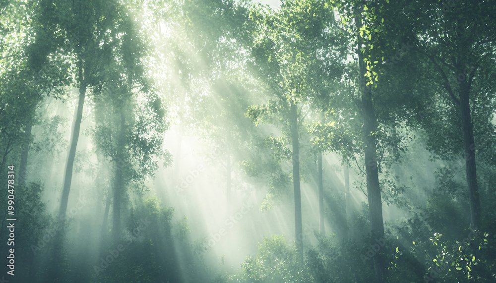 Tall, misty trees with sunlight streaming through the branches, creating a magical and mysterious forest atmosphere Tall, misty trees with sunlight streaming through the branches, creating a magical and mysterious forest atmosphere