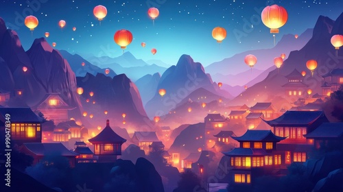 Traditional Chinese houses with glowing windows and lanterns flying in the air at dusk in a mountainous landscape. photo