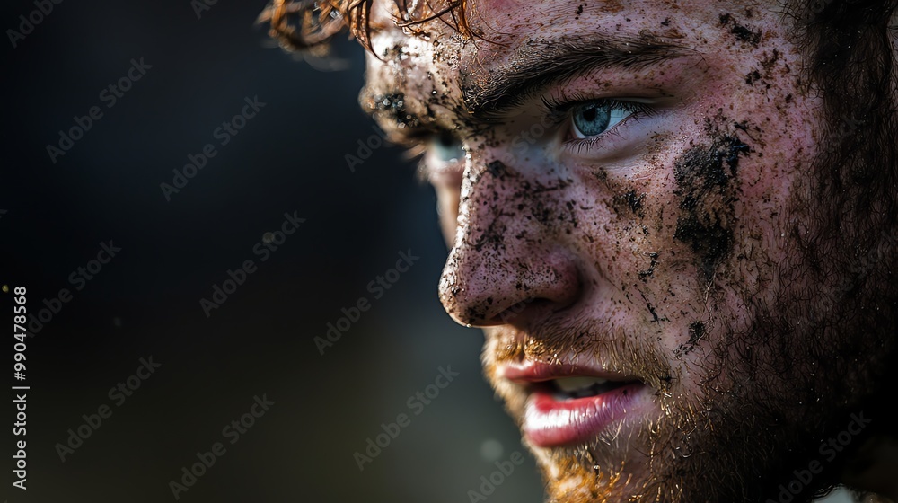 Close-up of a muddy, determined man's face. Close-up of a muddy, determined man's face.