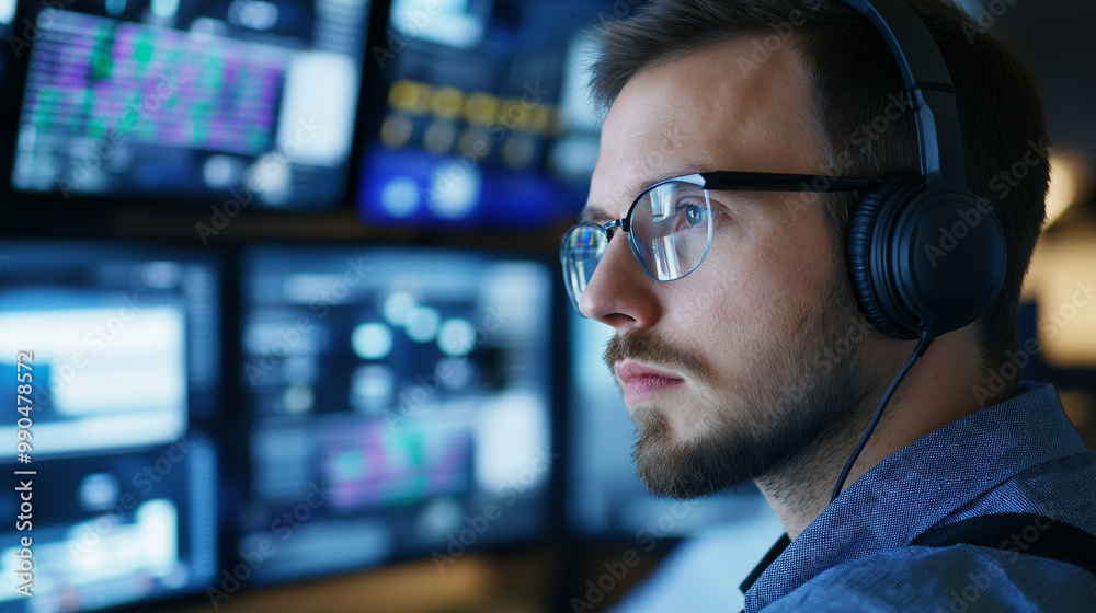 Control room operator with headphones, monitoring multiple screens filled with data, graphs, and live feed visuals Control room operator with headphones, monitoring multiple screens filled with data, graphs, and live feed visuals