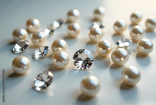 A pile of lustrous pearls and sparkling diamonds on a white surface
