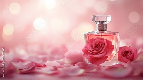 Perfume bottle with a rose and rose petals on a pink background.