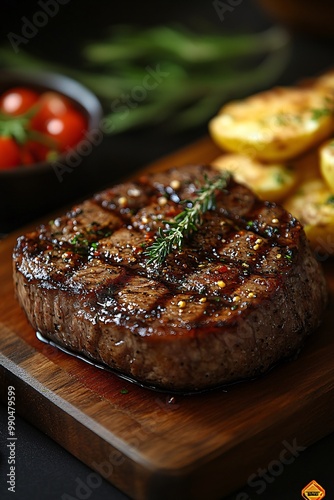 Grilled steak on a wooden board photo