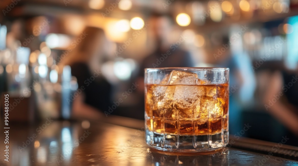 Close up of a glass of iced whiskey sitting on a bar counter with blurry bar patrons in the background. Close up of a glass of iced whiskey sitting on a bar counter with blurry bar patrons in the background.