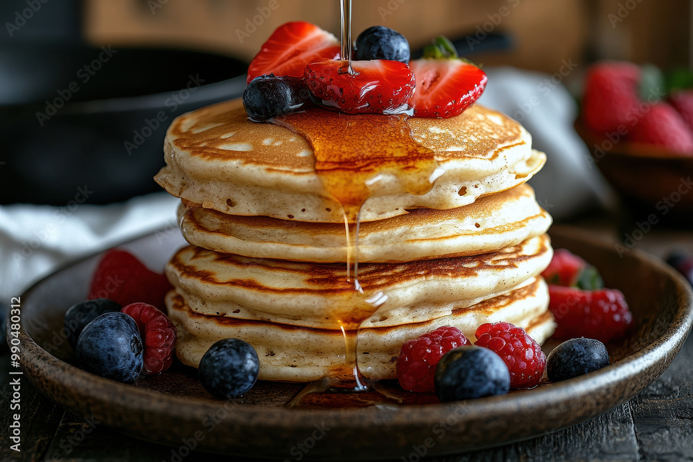 Delicious Pancakes with Berries and Syrup on Wooden Table Delicious Pancakes with Berries and Syrup on Wooden Table