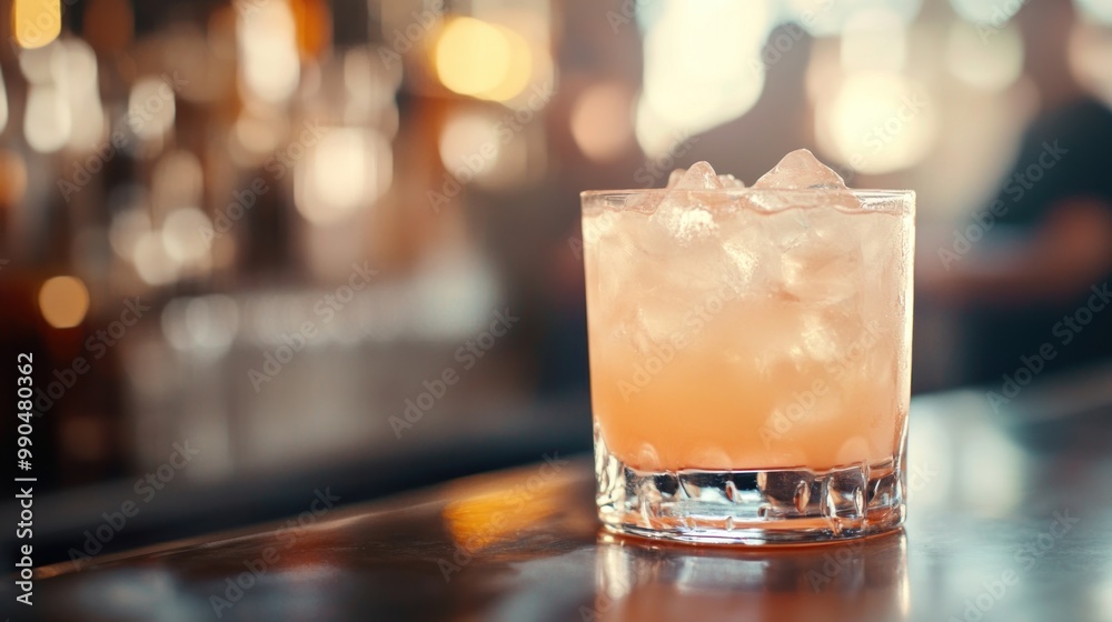 Close-up of a refreshing cocktail with ice in a glass on a bar counter with blurry background. Close-up of a refreshing cocktail with ice in a glass on a bar counter with blurry background.