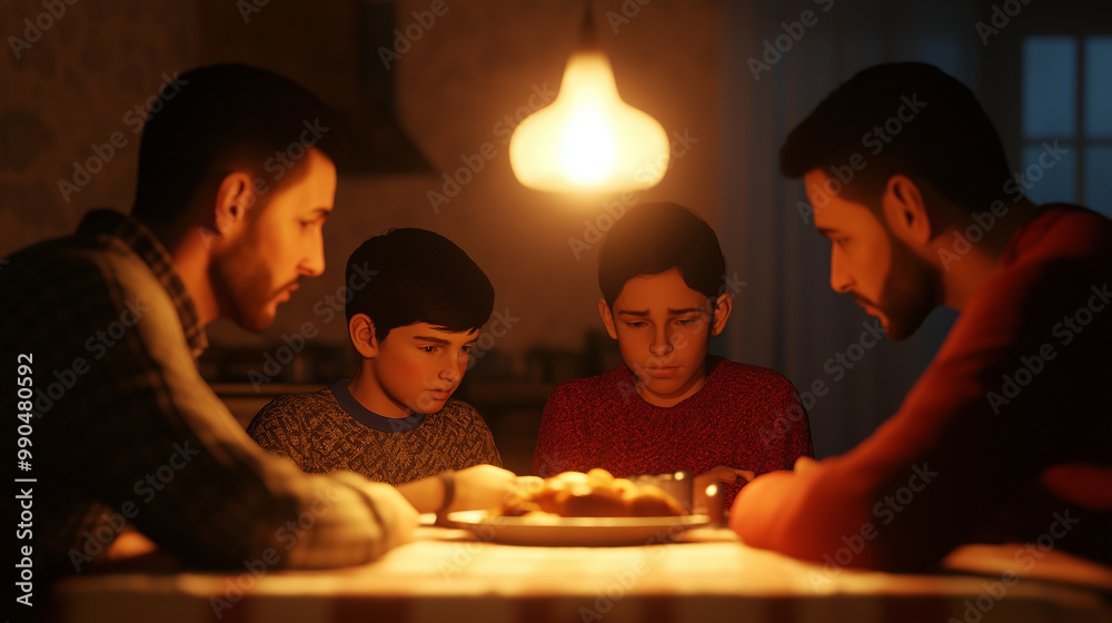 Family of four huddled together in a small kitchen, sharing a modest meal under a dim hanging light Family of four huddled together in a small kitchen, sharing a modest meal under a dim hanging light