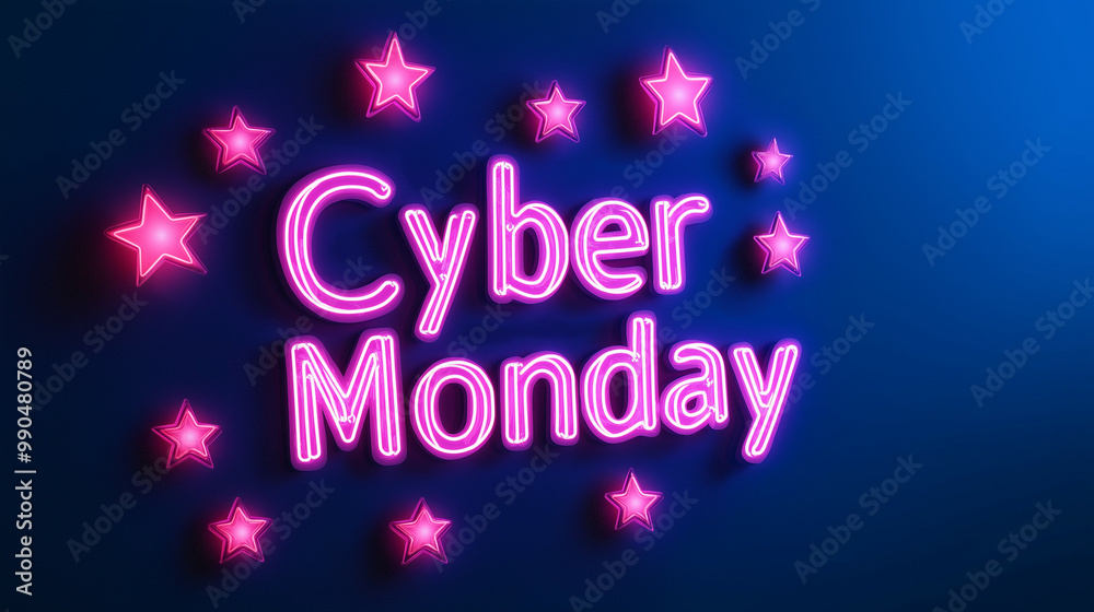 Flash sale icon in neon lights with Cyber Monday written underneath, surrounded by glowing stars and percentages Flash sale icon in neon lights with Cyber Monday written underneath, surrounded by glowing stars and percentages