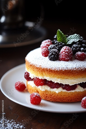 Victoria Sponge cake with berries and fresh cream on a white plate