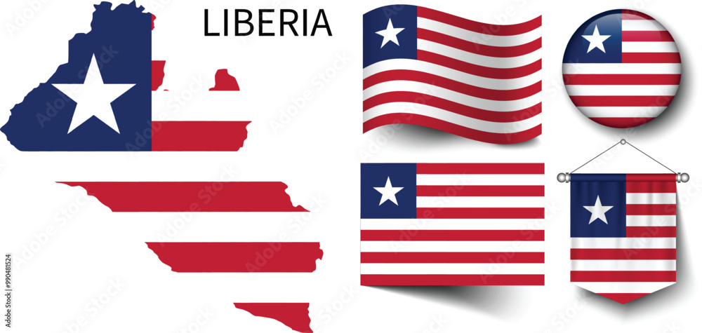 Obraz premium The various patterns of Liberia national flags and the map of Liberia's borders