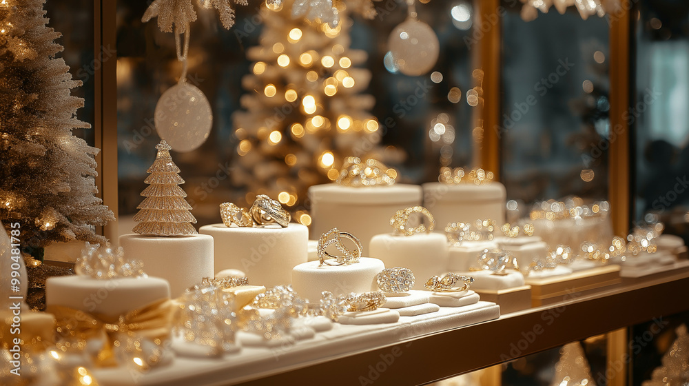 Jewelry shop on Christmas with a ring showcase adorned with frosted glass and golden ribbons, illuminated by soft lights Jewelry shop on Christmas with a ring showcase adorned with frosted glass and golden ribbons, illuminated by soft lights