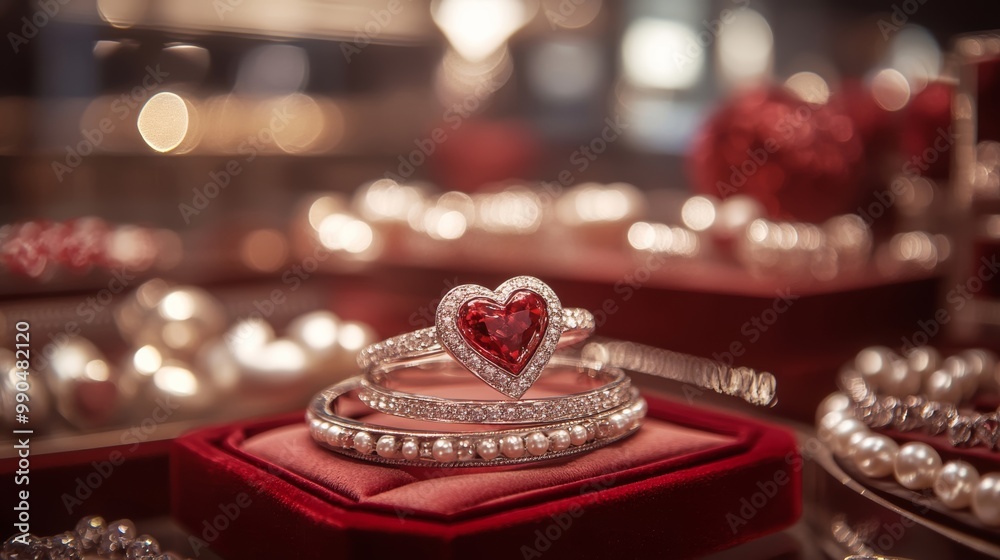 Jewelry shop with a romantic Valentine’s Day display of engagement rings, pearls, and heart-themed décor in soft lighting Jewelry shop with a romantic Valentine’s Day display of engagement rings, pearls, and heart-themed décor in soft lighting