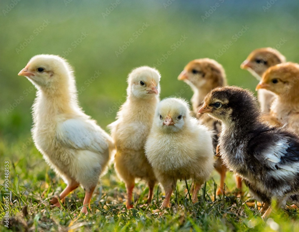 Viele Hühner Küken auf einer Wiese Viele Hühner Küken auf einer Wiese