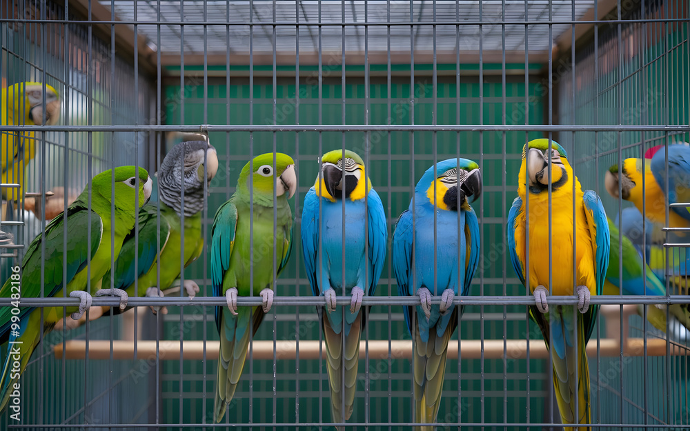 Obraz premium Budgerigar Parrot. Cute Pet budgie sits in a cage at home. Beautiful little green parrot. 