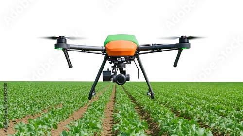 A drone equipped with a camera hovers above a green field, showcasing modern agricultural technology and precision farming.