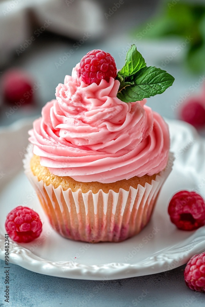 Cupcake with pink frosting and raspberries Cupcake with pink frosting and raspberries