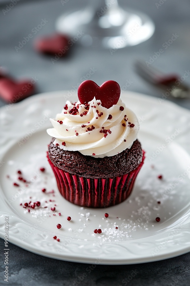Red velvet cupcake with vanilla icing, sprinkles and heart