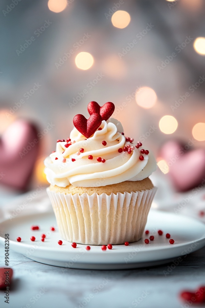 cupcake with white icing, little hearts and sprinkles cupcake with white icing, little hearts and sprinkles