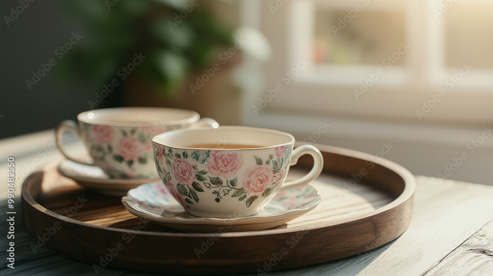 Fototapeta premium Mismatched, chipped teacups with faded floral patterns on a wooden tray, warm sunlight filtering through a window 
