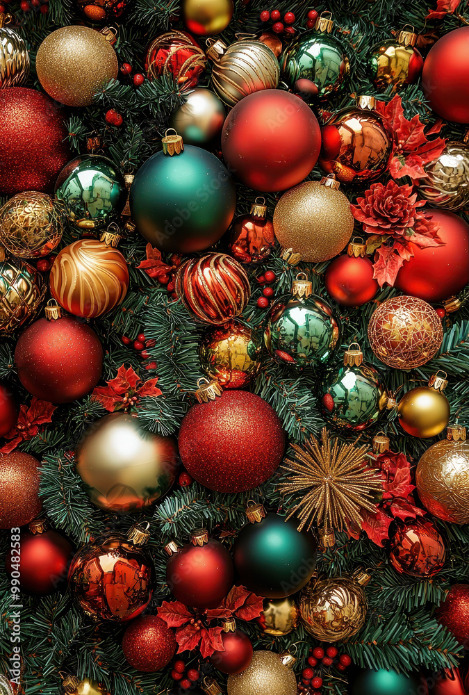 Festive Christmas Decorations with Red, Green, and Gold Ornaments