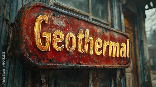A distressed metal sign reading 'Geothermal' is embedded in a rustic environment, reflecting an old and worn look along with earthy tones. photo