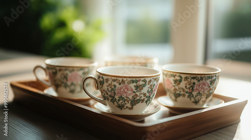 Mismatched, chipped teacups with faded floral patterns on a wooden tray, warm sunlight filtering through a window 