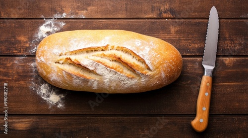 Misshapen loaf of homemade bread with uneven crust, flour dusted on a wooden surface, and a knife beside it 