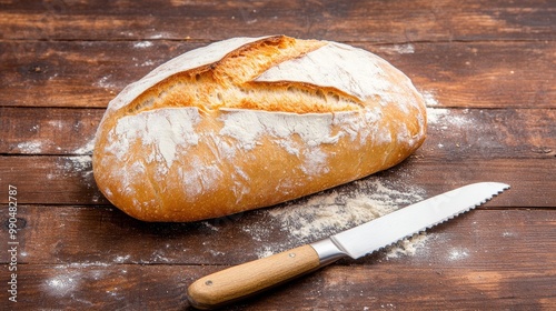 Misshapen loaf of homemade bread with uneven crust, flour dusted on a wooden surface, and a knife beside it 