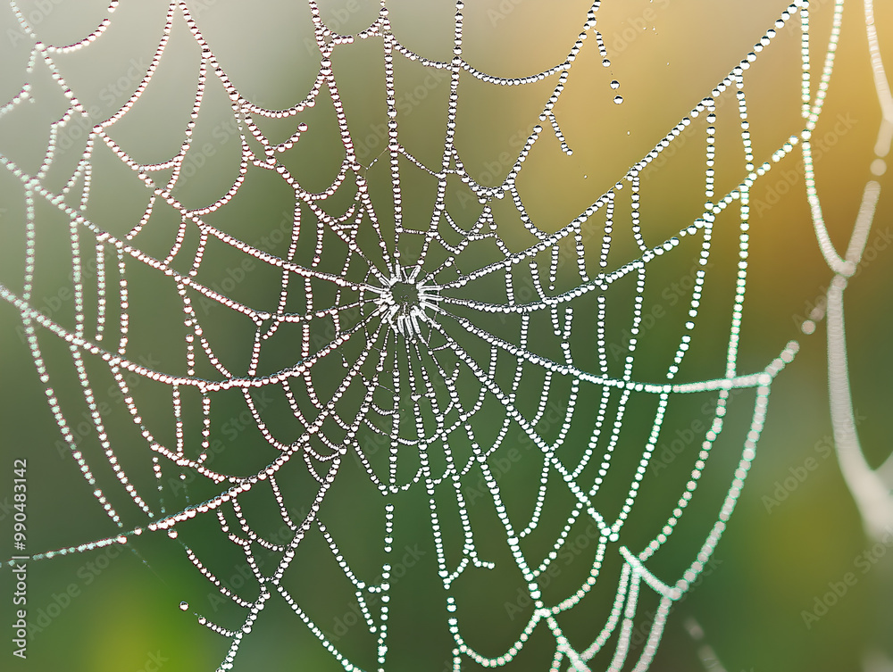 Naklejka premium Close-up of a spider web with morning dew.