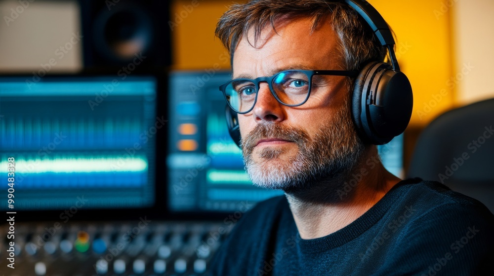 Music producer fine-tuning sound on a mixing board, headphones on, deeply focused, sound waves visible on screens Music producer fine-tuning sound on a mixing board, headphones on, deeply focused, sound waves visible on screens