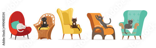 Playful Cat as Fluffy Feline with Cute Snout at Home Vector Set