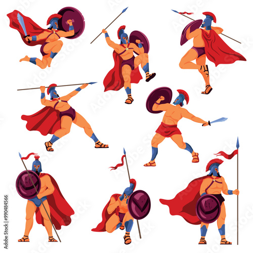 Cartoon spartan warriors. Muscular warrior sparta or greek soldier mascot, 300 spartans ancient warrior trojan legionary gladiator history characters, recent vector illustration