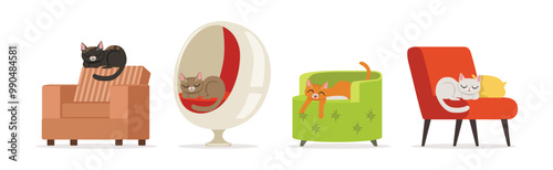 Playful Cat as Fluffy Feline with Cute Snout at Home Vector Set