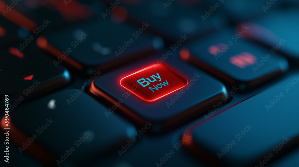 Top-down view of a keyboard with a glowing Buy Now button, surrounded by sale stickers and Cyber Monday text Top-down view of a keyboard with a glowing Buy Now button, surrounded by sale stickers and Cyber Monday text