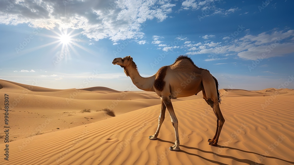 Lone Camel Wandering Through Vast Desert With Rippling Sand Dunes And Scorching Sun Overhead Lone Camel Wandering Through Vast Desert With Rippling Sand Dunes And Scorching Sun Overhead