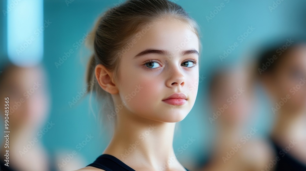 Young dancer practicing in front of a mirror, hair tied back, body poised in perfect form, concentration evident Young dancer practicing in front of a mirror, hair tied back, body poised in perfect form, concentration evident