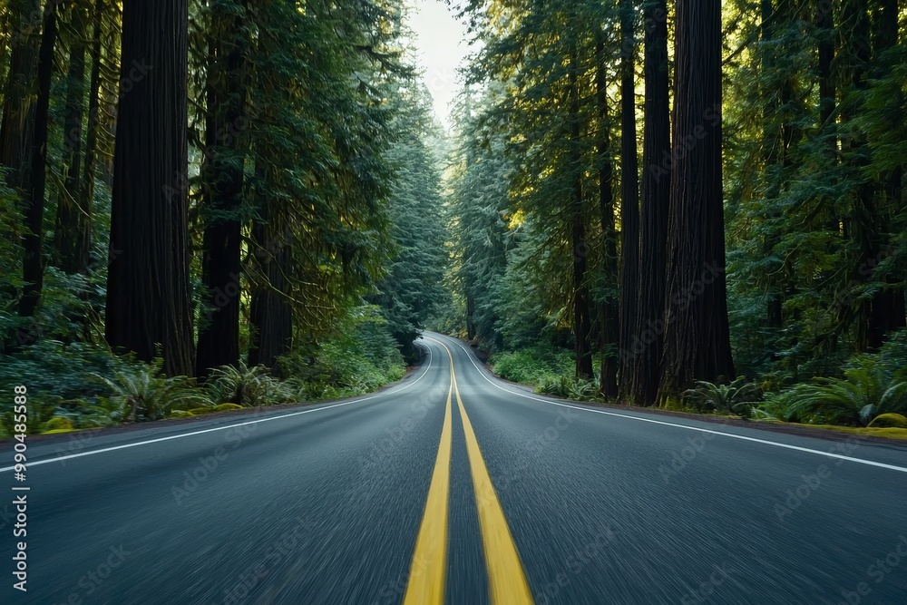 Highway cuts through a redwood forest, massive trees towering above, captured in 8K, ultra-realistic detail, sharp focus, rich forest hues, serene and majestic environment Highway cuts through a redwood forest, massive trees towering above, captured in 8K, ultra-realistic detail, sharp focus, rich forest hues, serene and majestic environment
