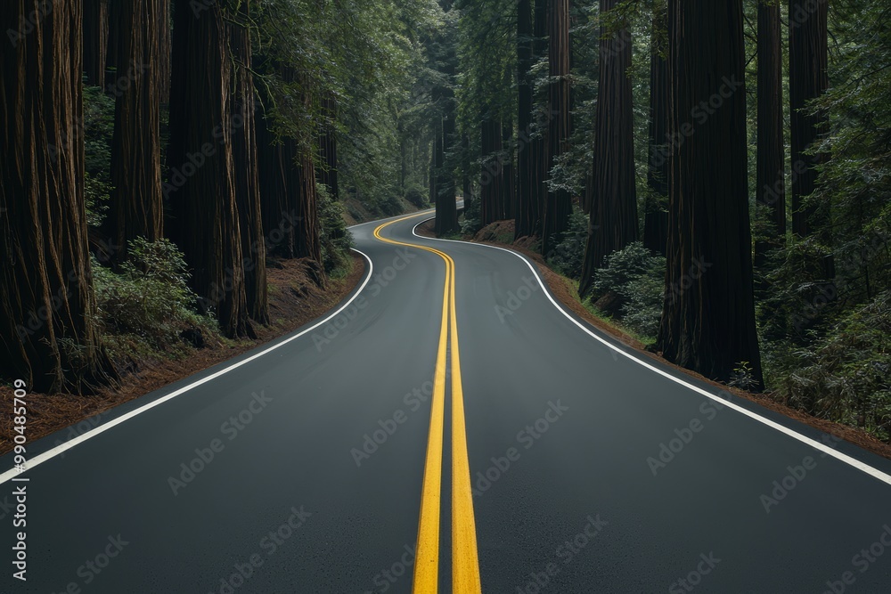 Obraz premium Highway cuts through a redwood forest, massive trees towering above, captured in 8K, ultra-realistic detail, sharp focus, rich forest hues, serene and majestic environment
