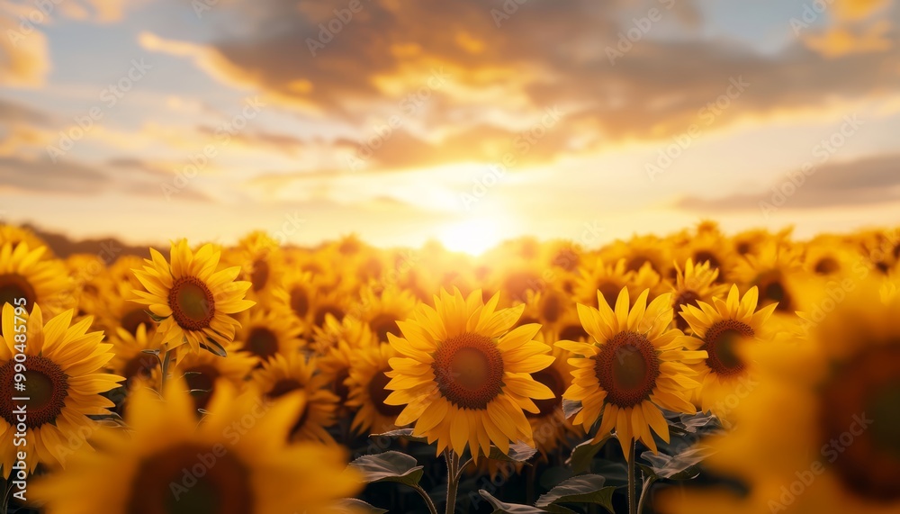 Fototapeta premium Highway winding through sunflower fields, glowing under a warm sunset, ultra-realistic, 8K resolution, vivid flower details, serene landscape, perfect focus, cinematic