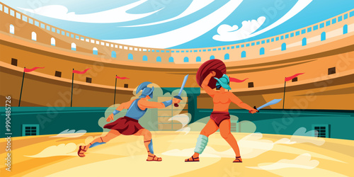 Gladiators fight in coliseum. Roman gladiator battle arena, ancient rome empire colosseum medieval era muscle slave barbarian against armor warrior sword recent vector illustration