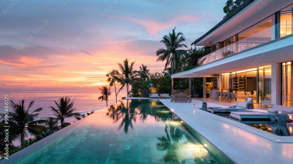Fototapeta premium Luxury Beachfront Villa with Infinity Pool and Palm Trees Overlooking Ocean Sunset