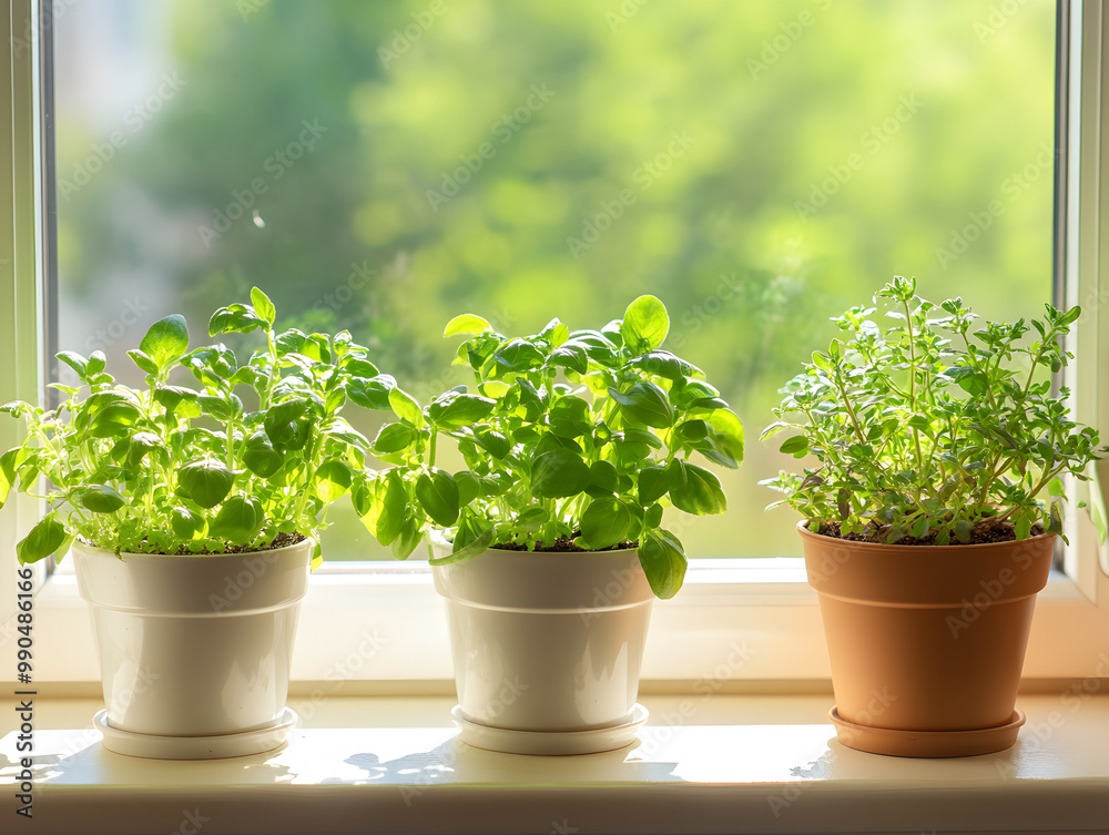 Simple potted herbs on a windowsill.
Simple potted herbs on a windowsill.
