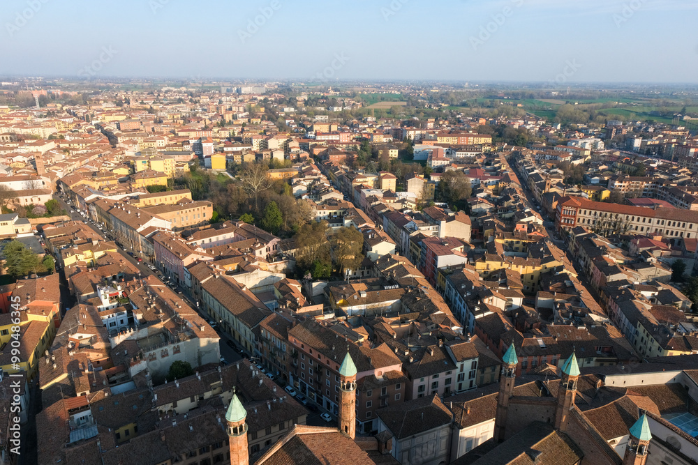 Fototapeta premium Cremona panorama of the cities seen from the Torrazzo tower at sunset. High quality photo