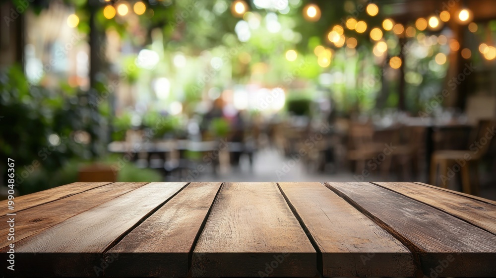 Empty wooden table top with blurred outdoor cafe background. Empty wooden table top with blurred outdoor cafe background.
