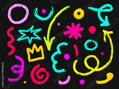 Abstract shapes set on black color background, Crown, arrow, dot and star hand drawn vector texture doodles. Brush strokes, marker paint