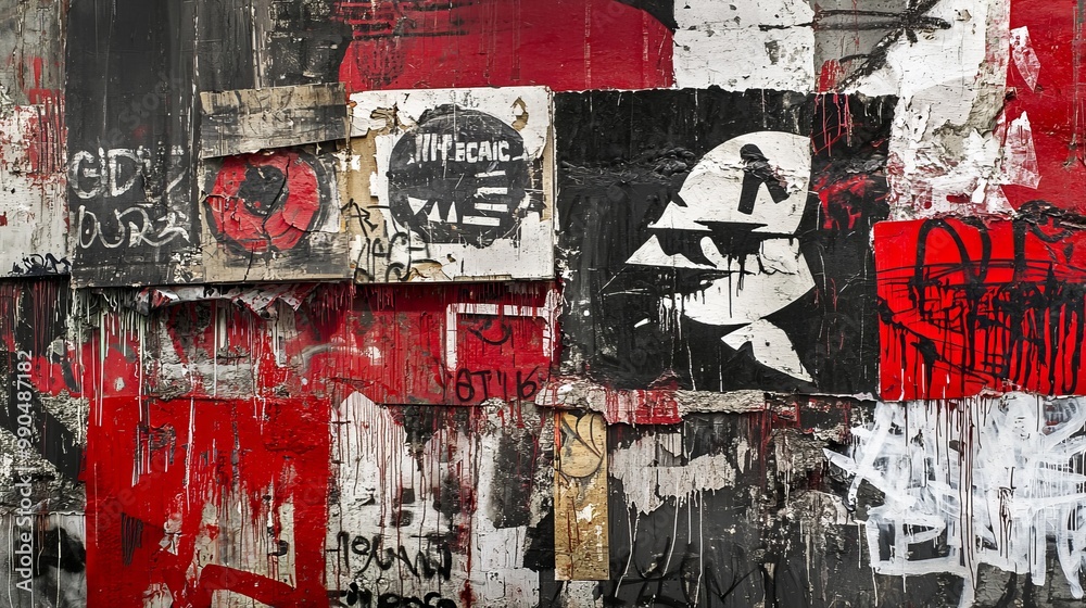 Fototapeta premium Graffiti wall with bold political symbols, strong red