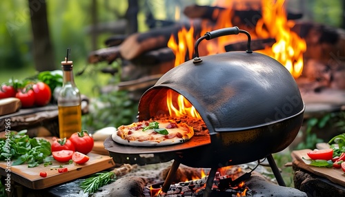 Charming outdoor pizza oven with glowing flames, prepped for baking in a delightful rustic setting surrounded by fresh ingredients photo